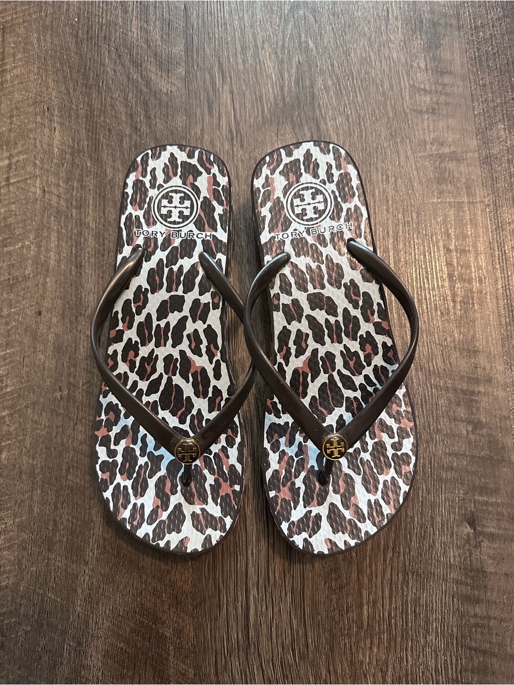 Tory Burch Brown Leopard-Print Logo Wedge Flip Flops Size 8/9